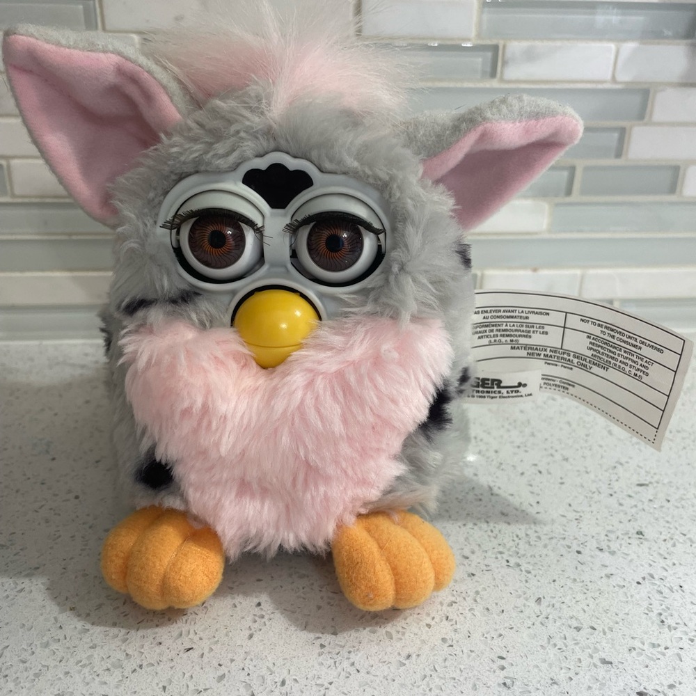 1998 Furby Pink & Gray Black Leopard Spots Brown Eyes Tiger Elect. TESTED WORKS!